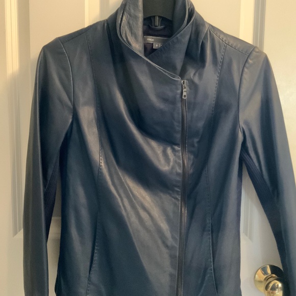 Vince leather jacket, navy, - Picture 1 of 9